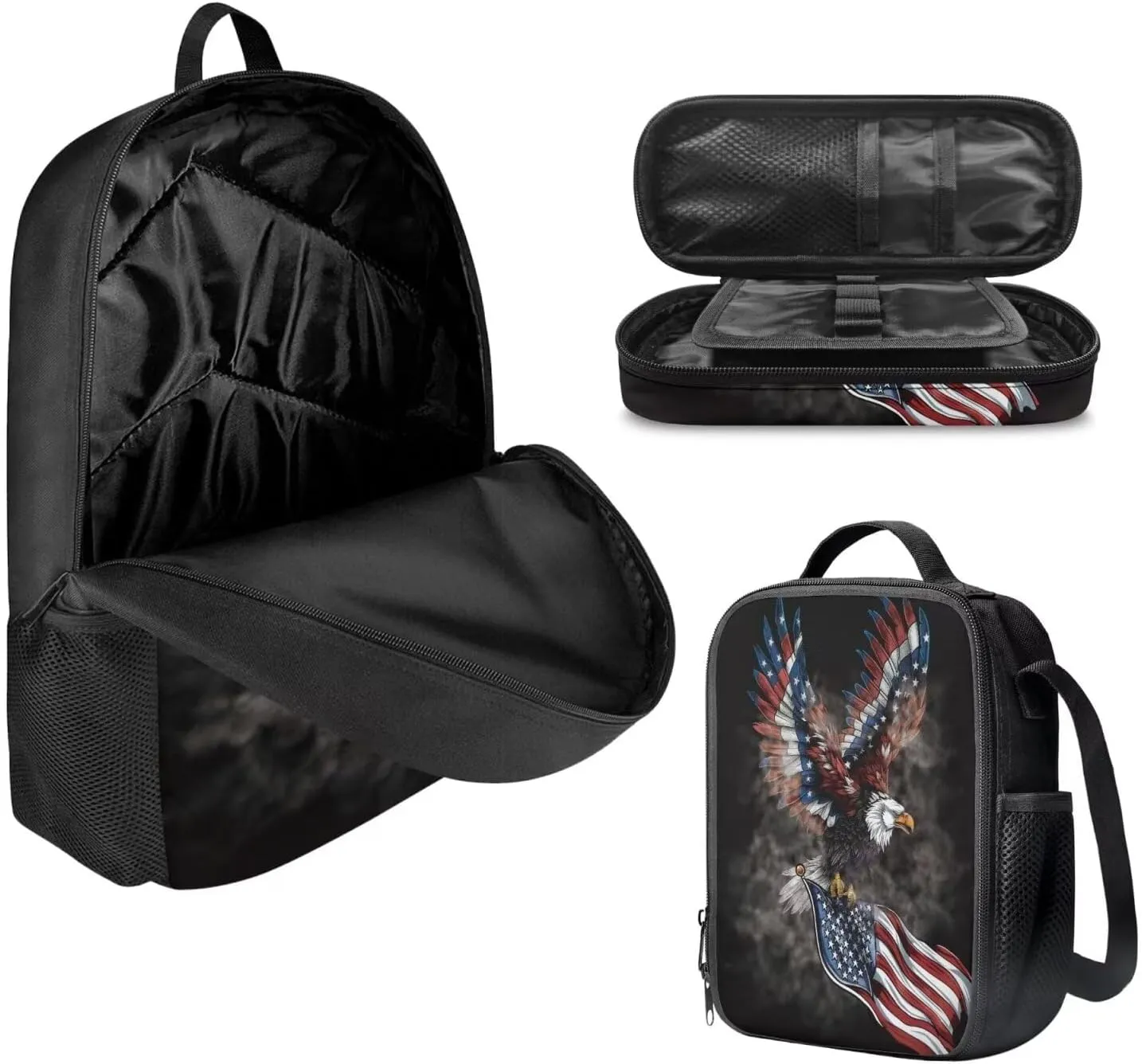 Independence Day Theme 3Pcs Backpack for Kids Boys Girls,Bald Eagle American Flag Elementary Middle Hight School Bookbags College Daypack Travel Casual Shoulder Bag Lunch Pen Bag Set, Black