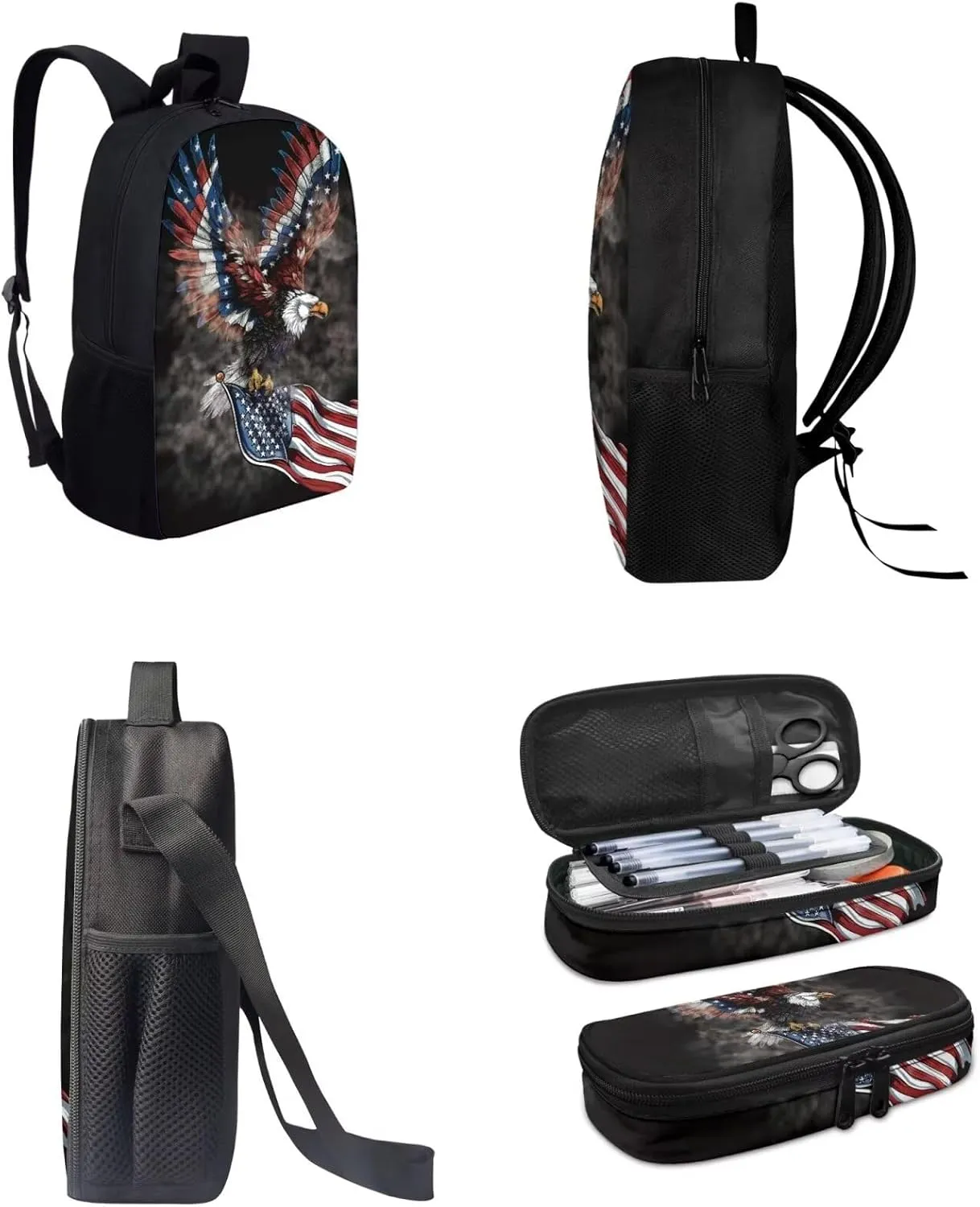 Independence Day Theme 3Pcs Backpack for Kids Boys Girls,Bald Eagle American Flag Elementary Middle Hight School Bookbags College Daypack Travel Casual Shoulder Bag Lunch Pen Bag Set, Black