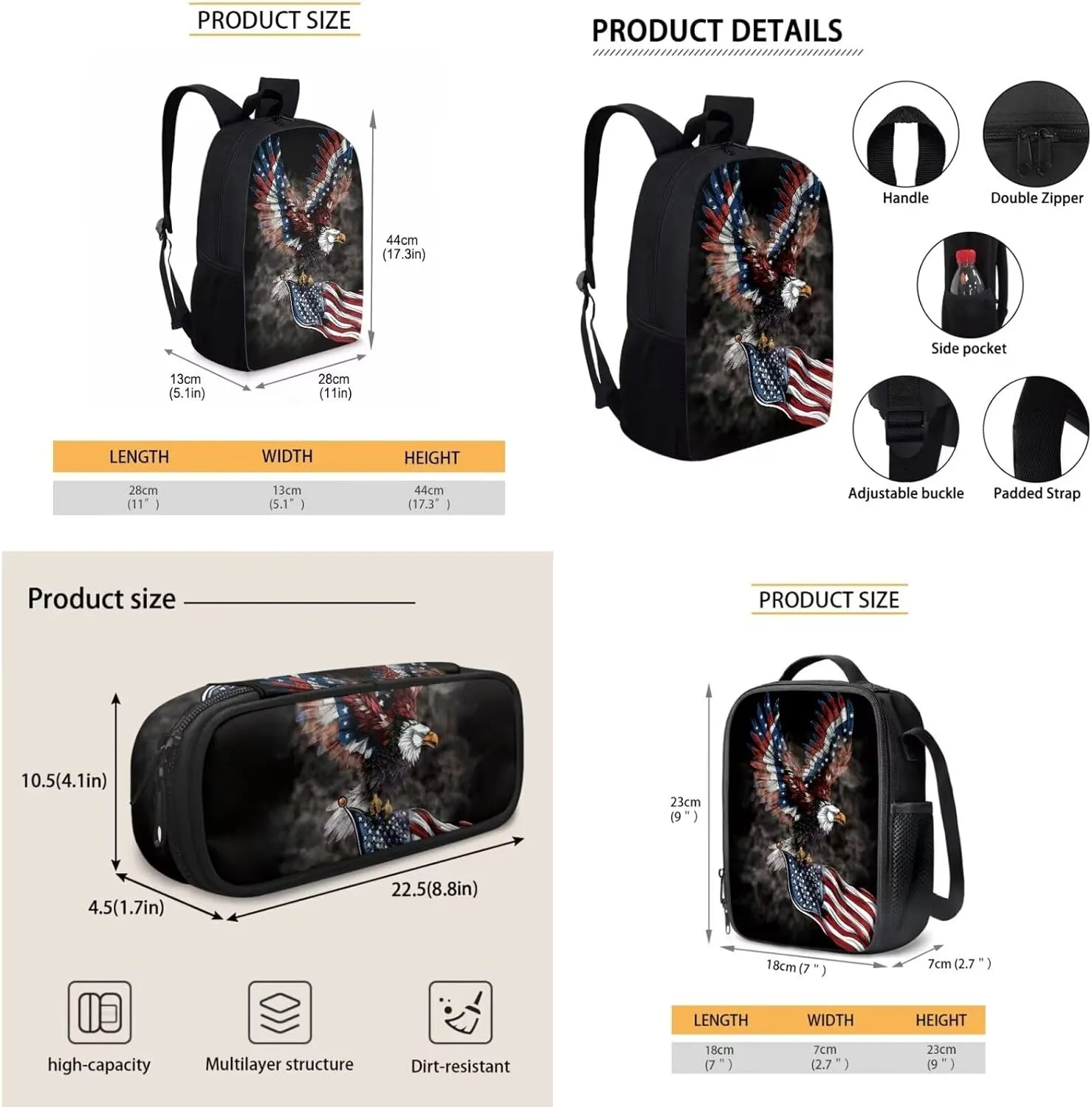 Independence Day Theme 3Pcs Backpack for Kids Boys Girls,Bald Eagle American Flag Elementary Middle Hight School Bookbags College Daypack Travel Casual Shoulder Bag Lunch Pen Bag Set, Black