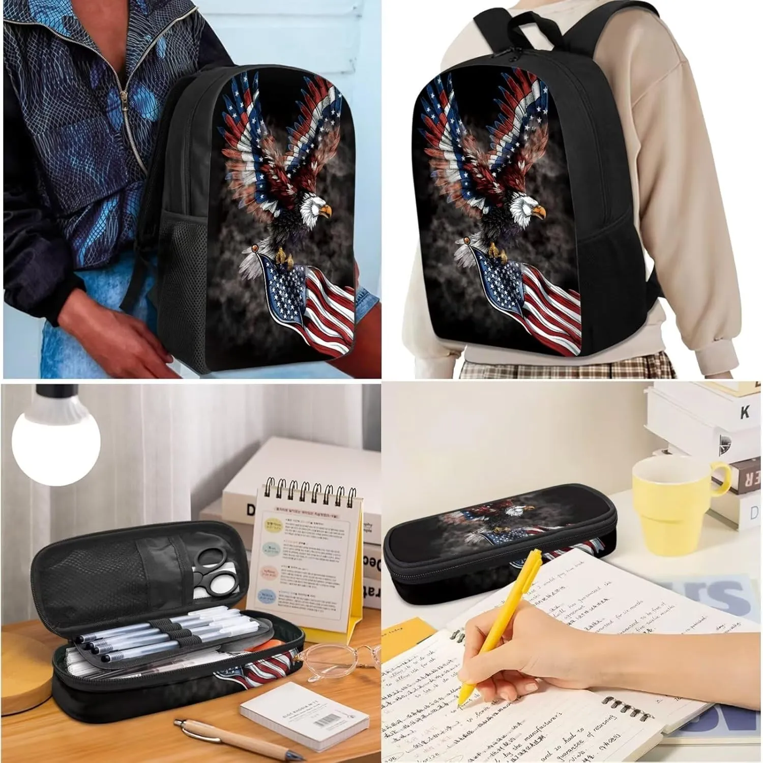Independence Day Theme 3Pcs Backpack for Kids Boys Girls,Bald Eagle American Flag Elementary Middle Hight School Bookbags College Daypack Travel Casual Shoulder Bag Lunch Pen Bag Set, Black