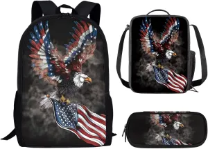 Independence Day Theme 3Pcs Backpack for Kids Boys Girls,Bald Eagle American Flag Elementary Middle Hight School Bookbags College Daypack Travel Casual Shoulder Bag Lunch Pen Bag Set, Black