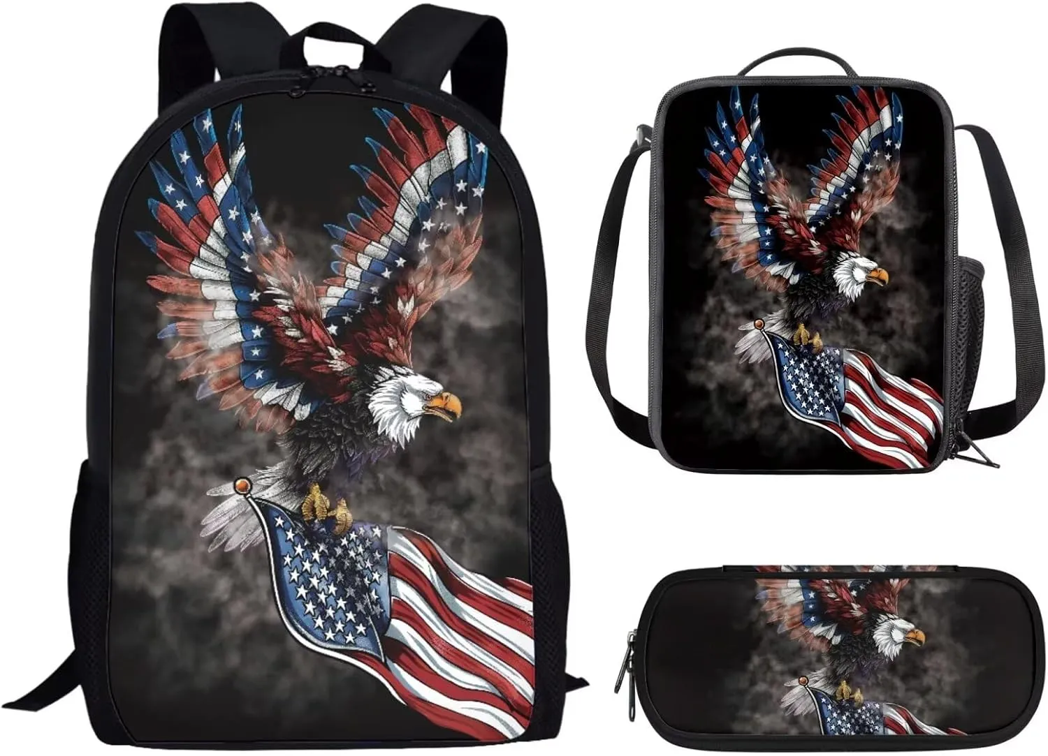 Independence Day Theme 3Pcs Backpack for Kids Boys Girls,Bald Eagle American Flag Elementary Middle Hight School Bookbags College Daypack Travel Casual Shoulder Bag Lunch Pen Bag Set, Black