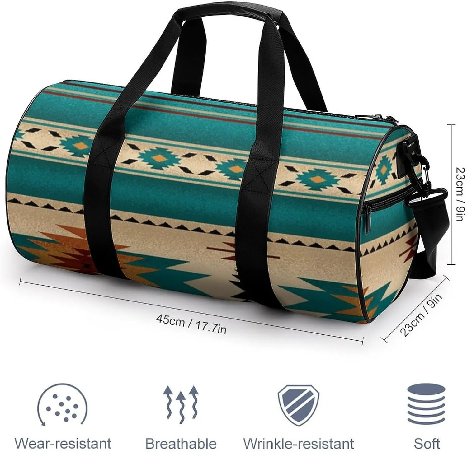 Indiana Western Southwest Naive Aztec Green Pattern Large Capacity Cylindrical Fitness Bag, Hand-held Fitness Bag