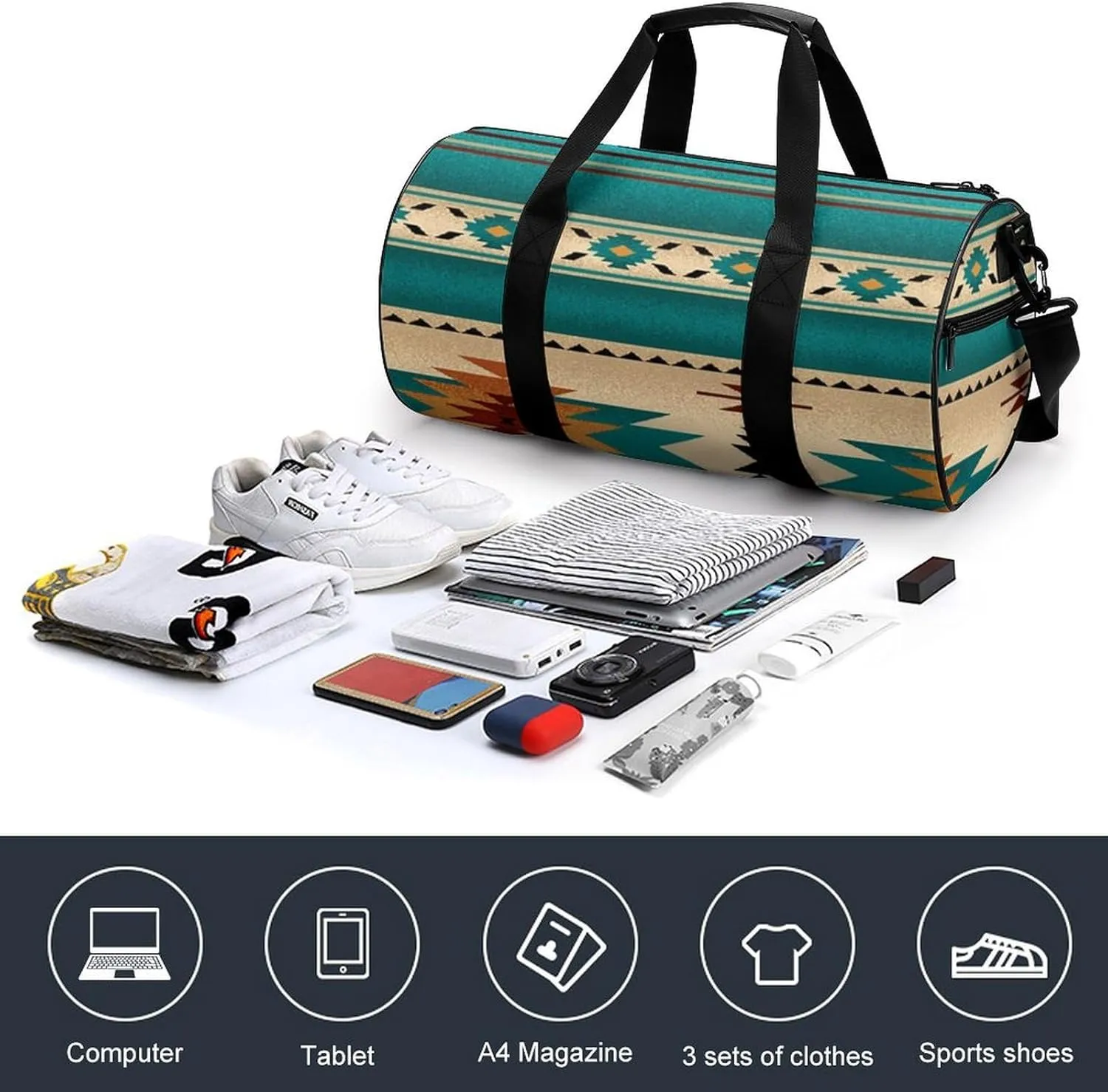 Indiana Western Southwest Naive Aztec Green Pattern Large Capacity Cylindrical Fitness Bag, Hand-held Fitness Bag