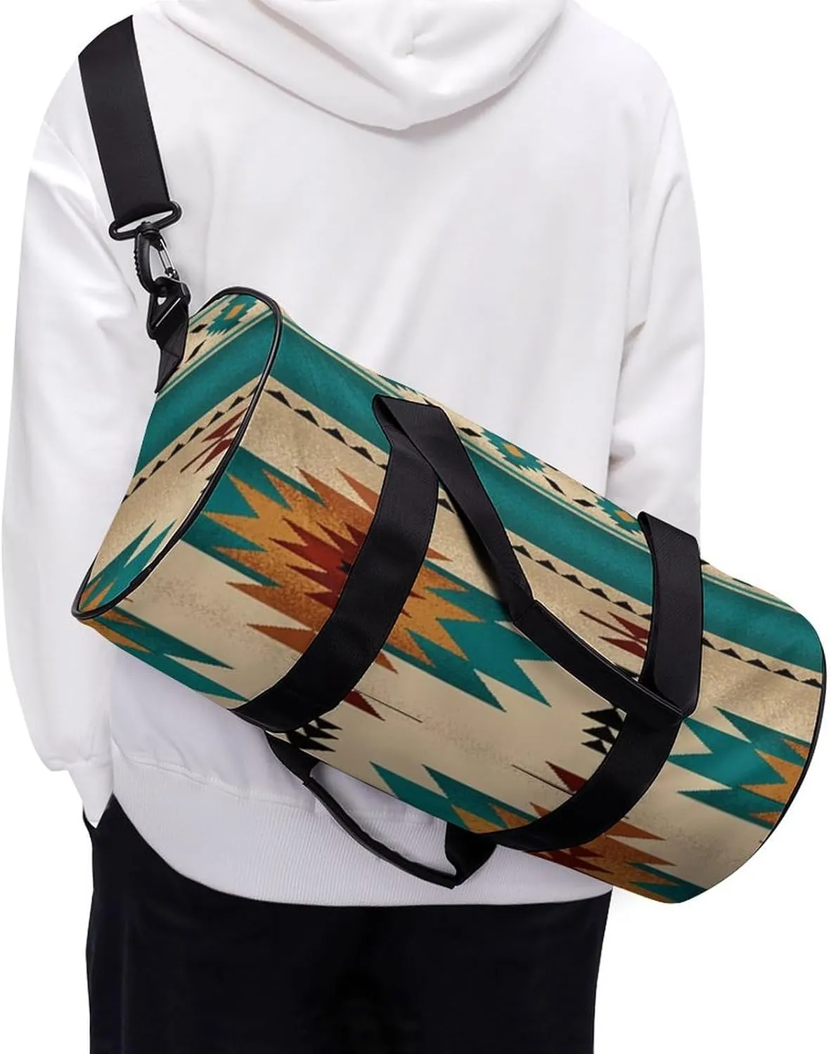 Indiana Western Southwest Naive Aztec Green Pattern Large Capacity Cylindrical Fitness Bag, Hand-held Fitness Bag