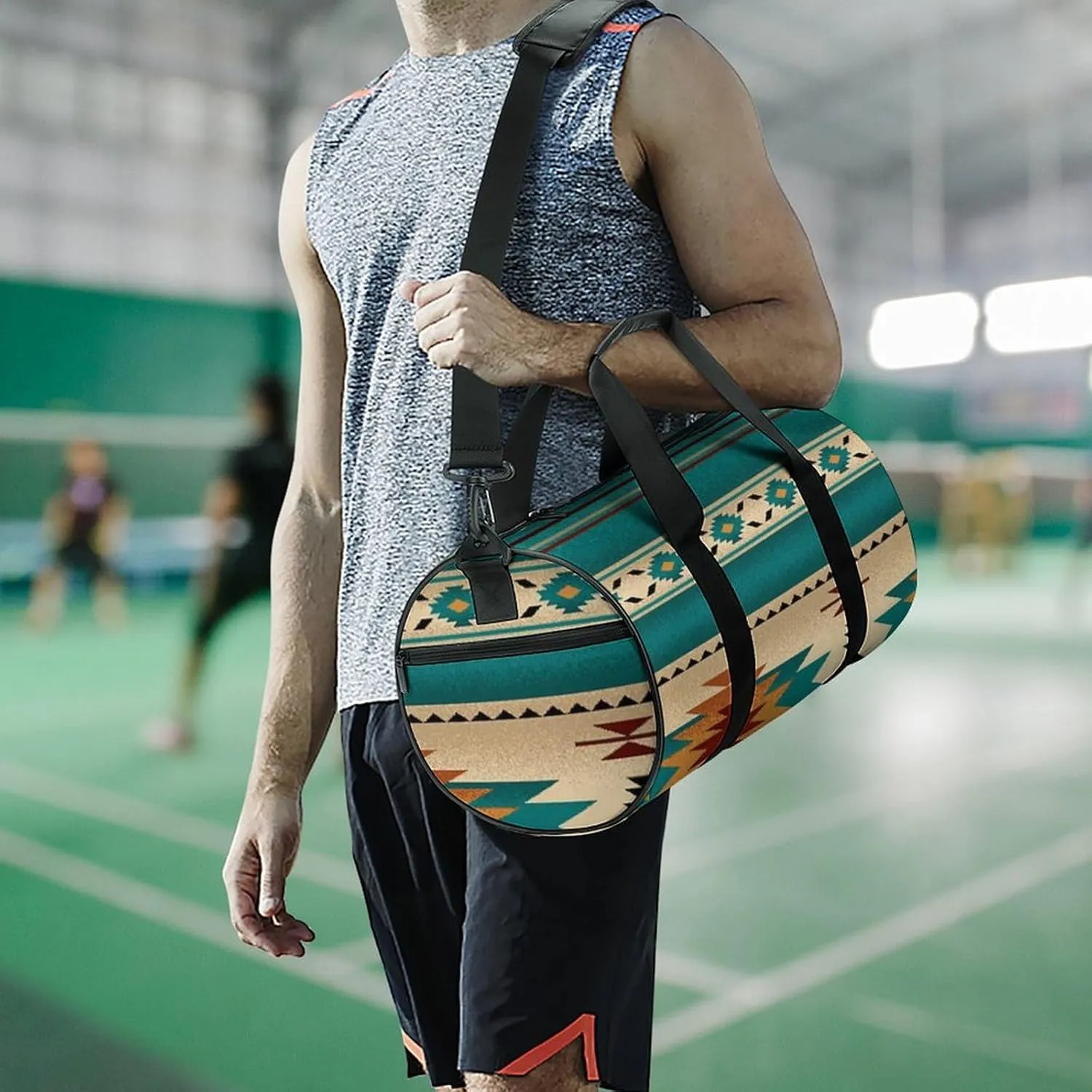 Indiana Western Southwest Naive Aztec Green Pattern Large Capacity Cylindrical Fitness Bag, Hand-held Fitness Bag