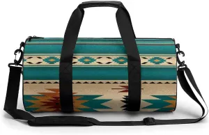 Indiana Western Southwest Naive Aztec Green Pattern Large Capacity Cylindrical Fitness Bag, Hand-held Fitness Bag