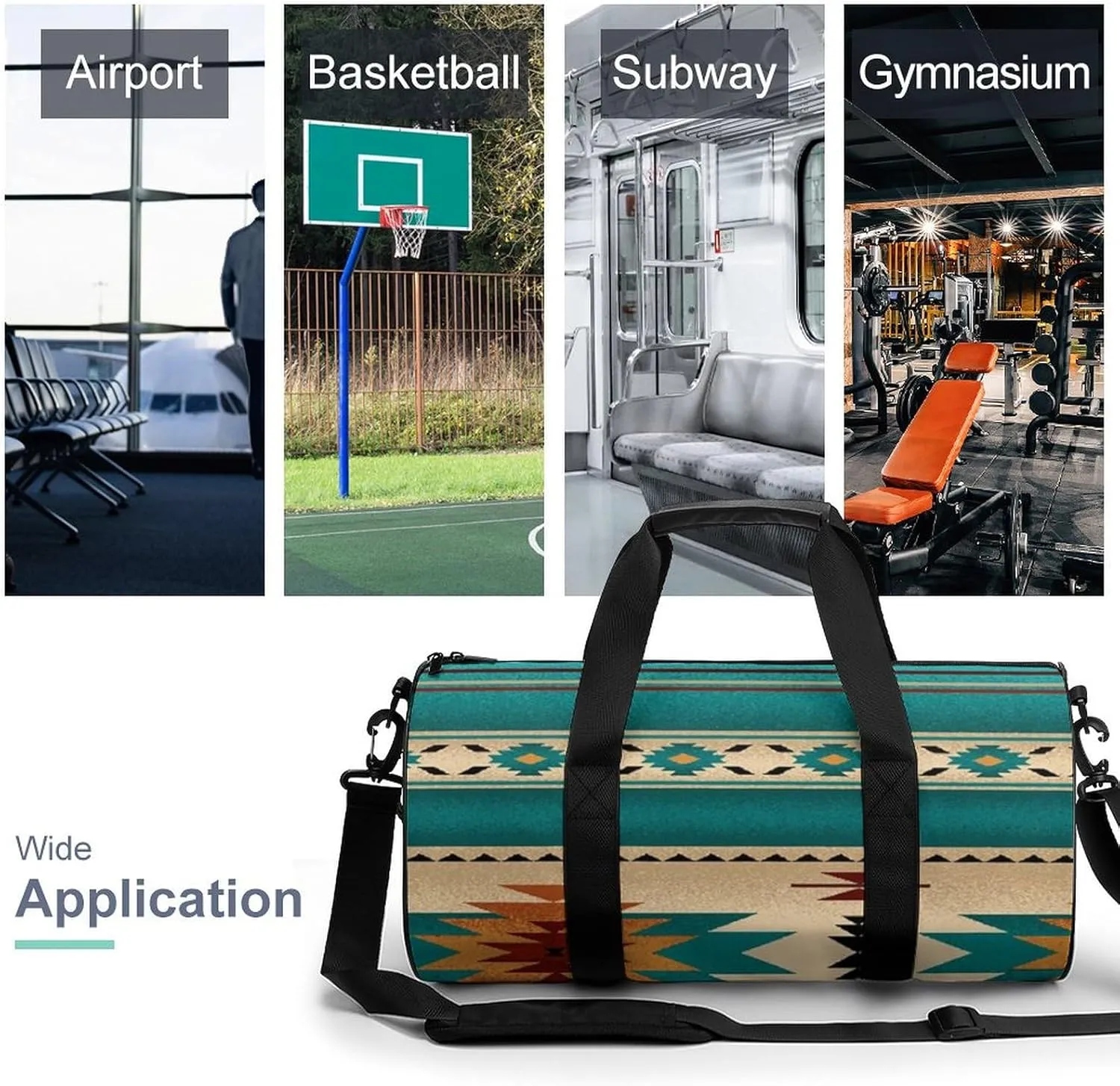 Indiana Western Southwest Naive Aztec Green Pattern Large Capacity Cylindrical Fitness Bag, Hand-held Fitness Bag