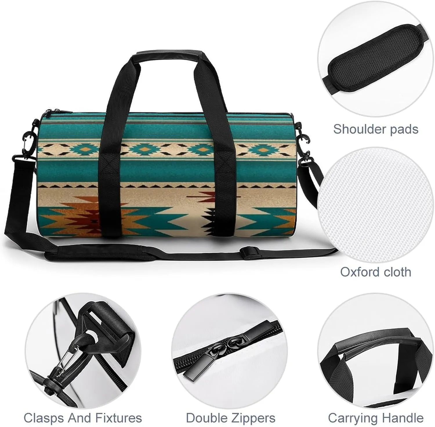 Indiana Western Southwest Naive Aztec Green Pattern Large Capacity Cylindrical Fitness Bag, Hand-held Fitness Bag