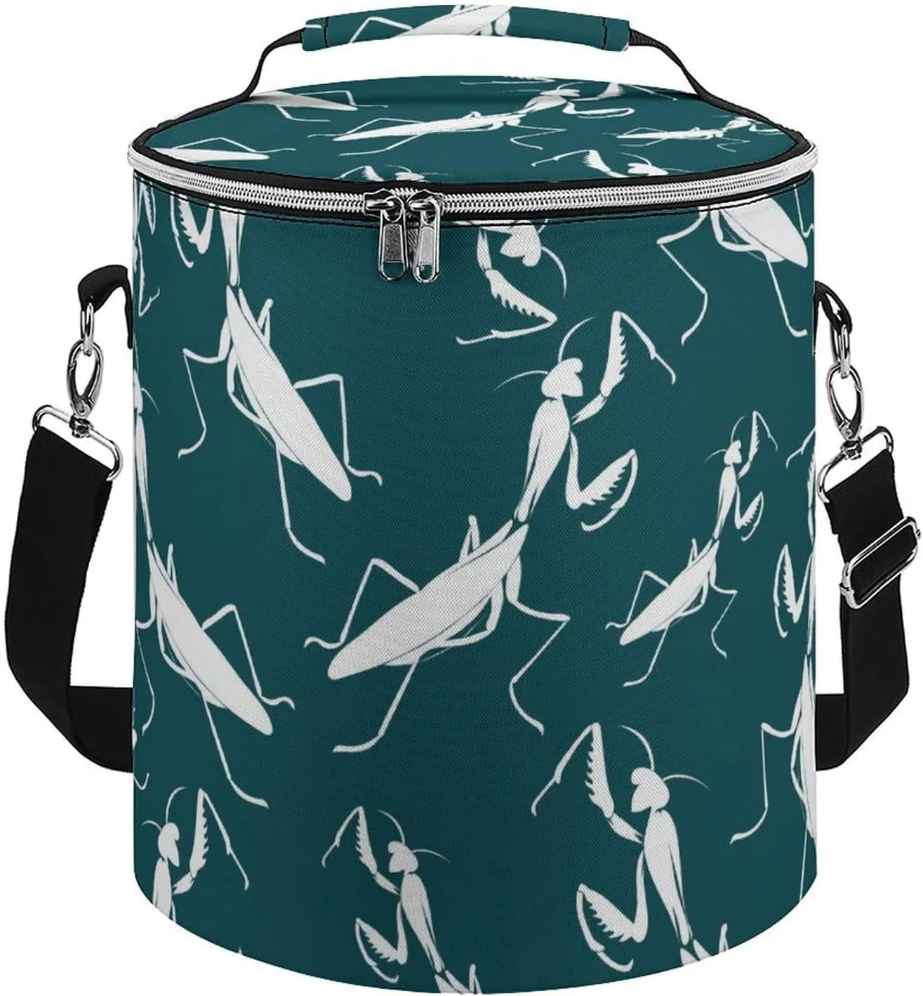 Insect Mantis Cylindrical Cooler Bag with Handle Portable Lunch Bags Adjustable Shoulder Straps Insulation Tote