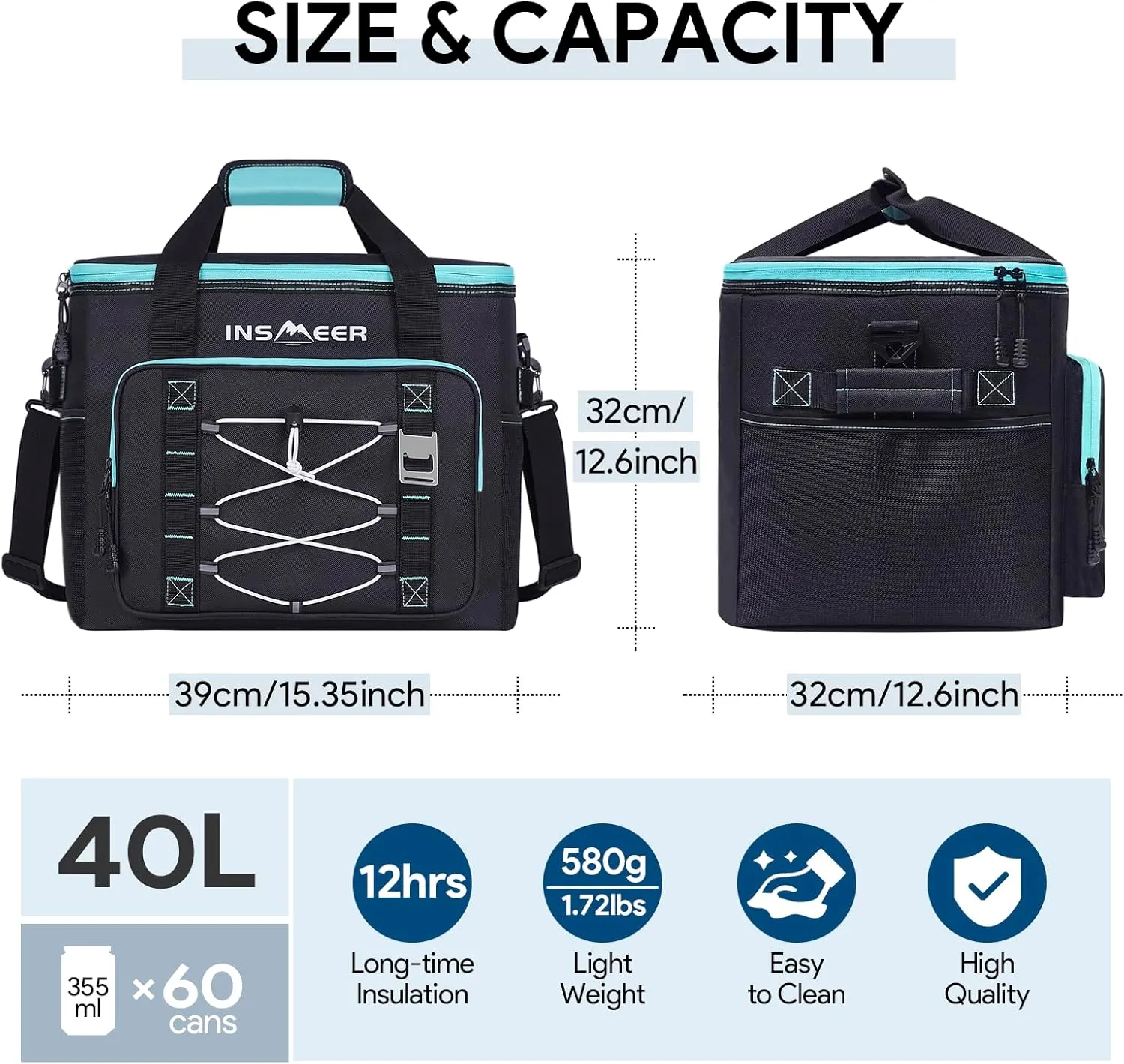 INSMEER Soft Cooler Bag, Collapsible Coolers Bag 60Can/40L, Soft Sided Insulated Cooler Portable Leakproof Cooler for Grocery Shopping,Camping,Travel,Fishing