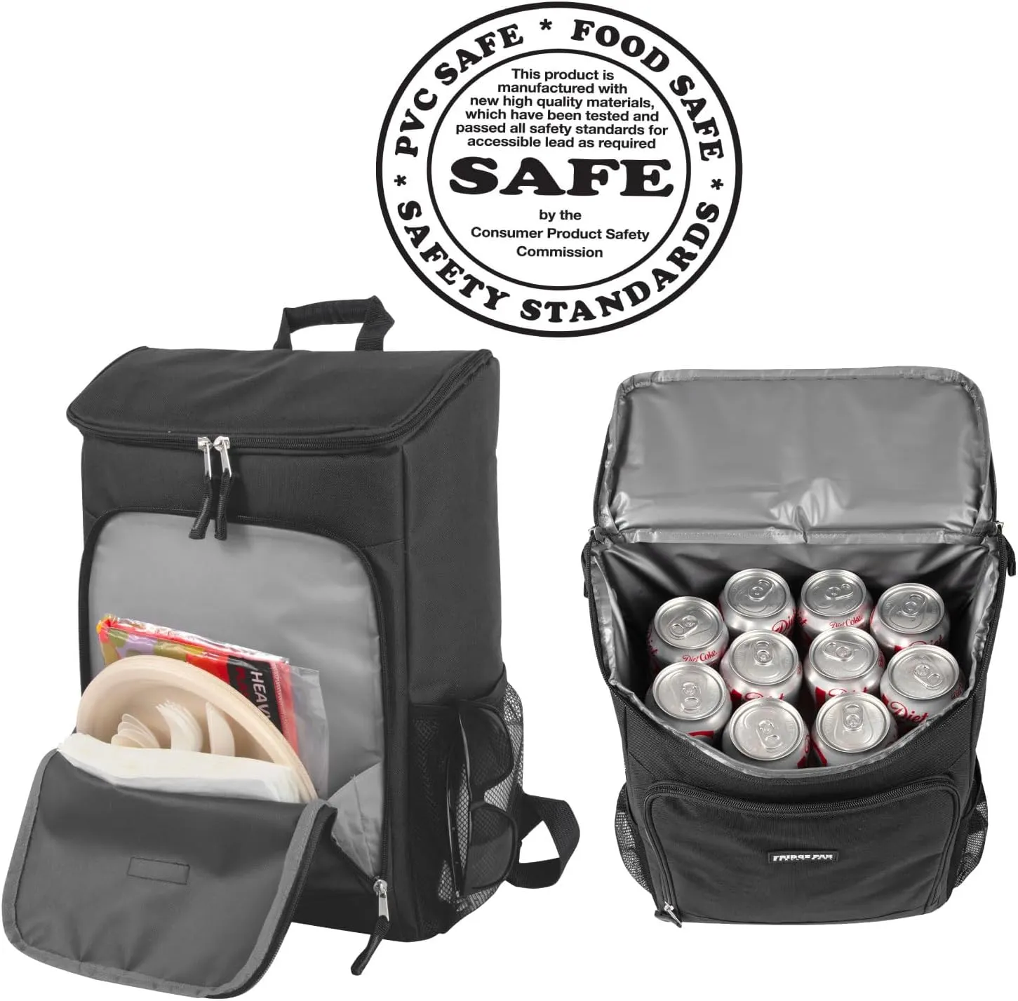 Insulated Cooler Backpack Food Delivery Bag with Drink Cup Holders, Pocket | Soft Sided Backpack Cooler Insulated Leak Proof 30 Can Travel Cooler Bag for Groceries, Camping, Beach (Coal Black)