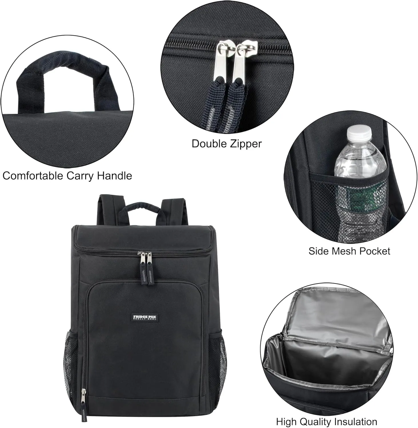 Insulated Cooler Backpack Food Delivery Bag with Drink Cup Holders, Pocket | Soft Sided Backpack Cooler Insulated Leak Proof 30 Can Travel Cooler Bag for Groceries, Camping, Beach (Coal Black)