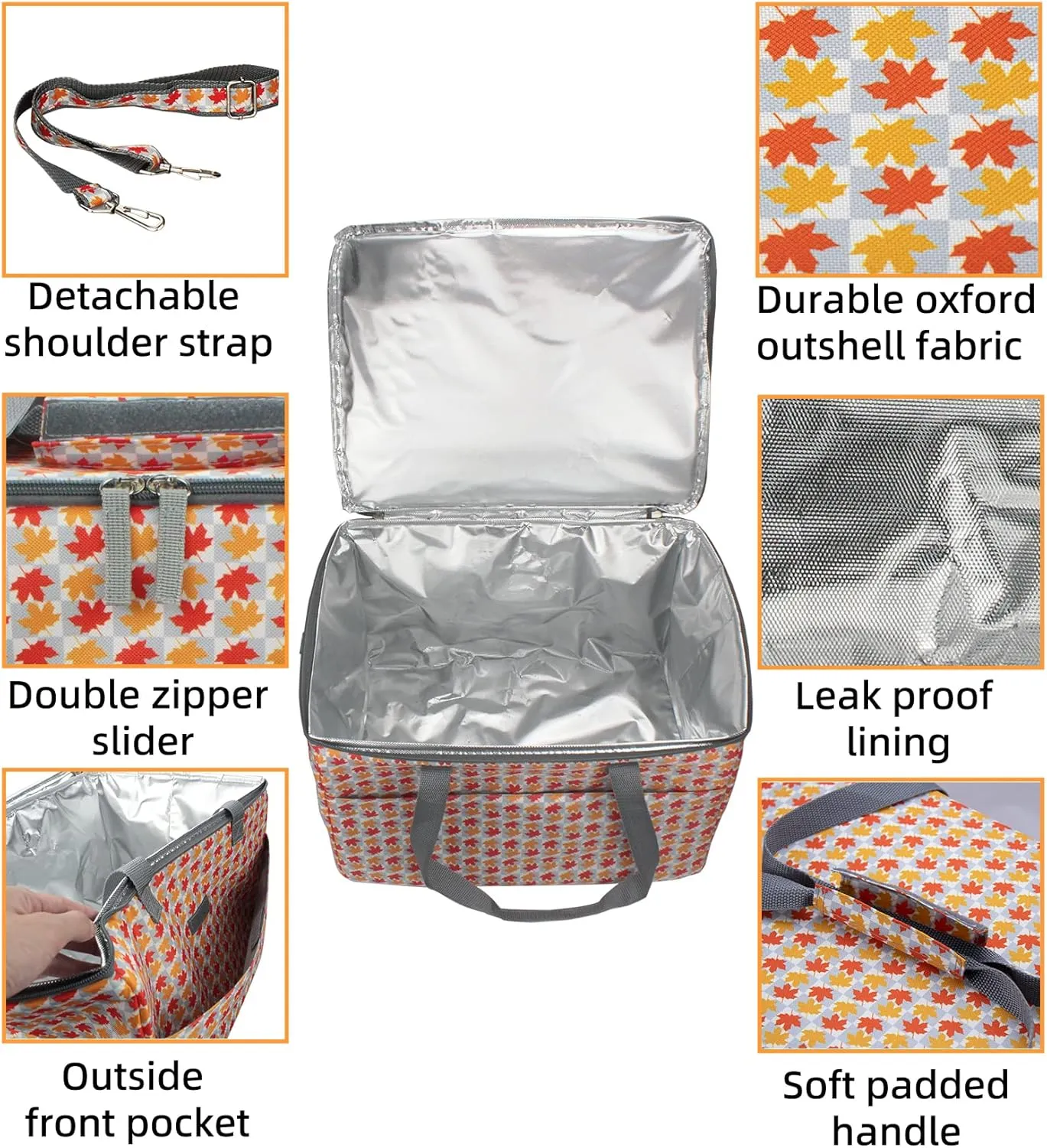 Insulated Cooler Bag, Leakproof Reusable Grocery Shopping Bag with Double Zippers and Detachable Shoulder Strap, 28L