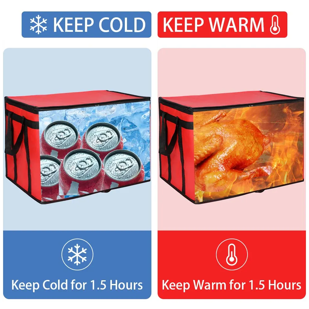 Insulated Food Delivery Bag with Hard Bottom, XXX-Large Insulated Reusable Grocery Cooler/Hot Bags, Tote Bag for Shopping/Travel/Doordash, Red, 1-Pack