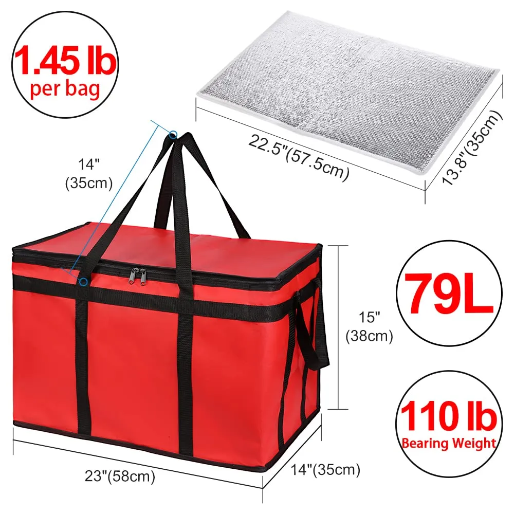 Insulated Food Delivery Bag with Hard Bottom, XXX-Large Insulated Reusable Grocery Cooler/Hot Bags, Tote Bag for Shopping/Travel/Doordash, Red, 1-Pack