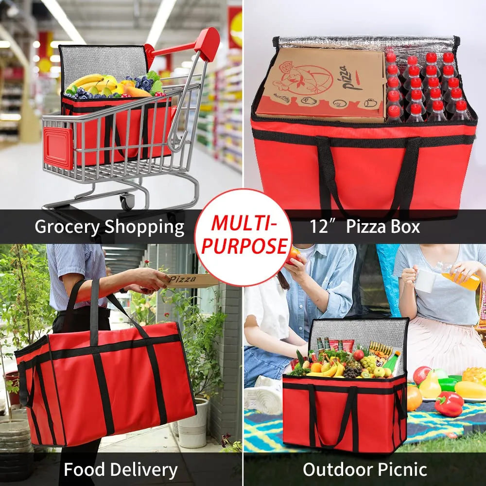 Insulated Food Delivery Bag with Hard Bottom, XXX-Large Insulated Reusable Grocery Cooler/Hot Bags, Tote Bag for Shopping/Travel/Doordash, Red, 1-Pack