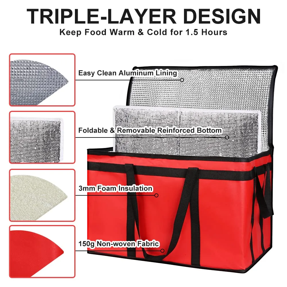 Insulated Food Delivery Bag with Hard Bottom, XXX-Large Insulated Reusable Grocery Cooler/Hot Bags, Tote Bag for Shopping/Travel/Doordash, Red, 1-Pack