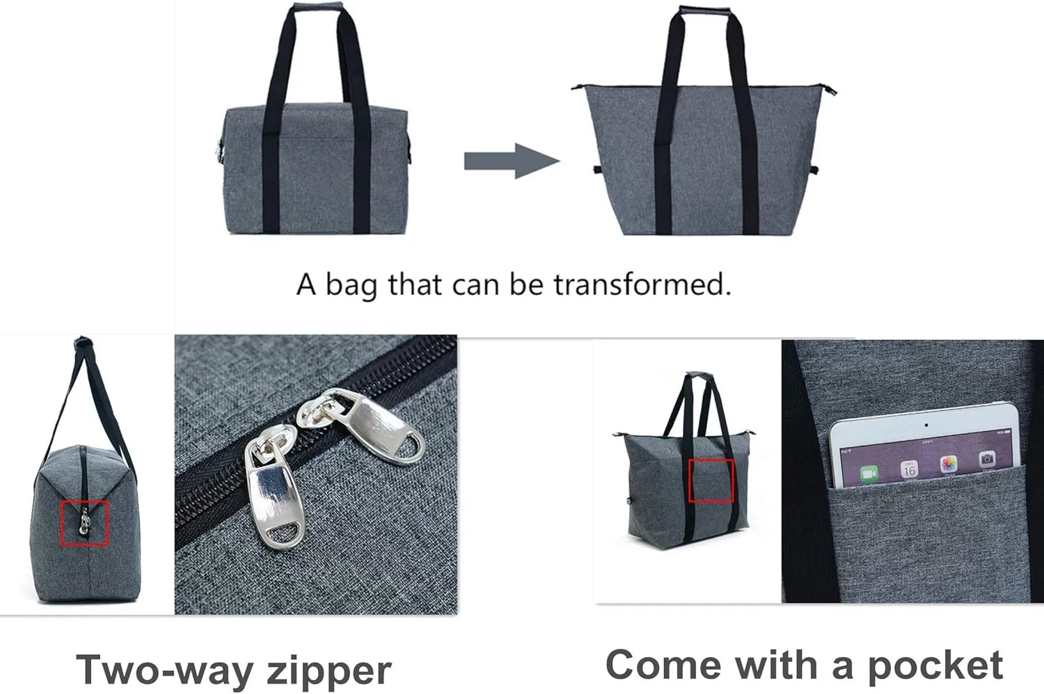 Insulated Grocery Thermal Tote Bags for Frozen Cold Hot Foods, Reusable Insulation Zippered Bag for Shopping, Travel, Picnic or Lunch, Red