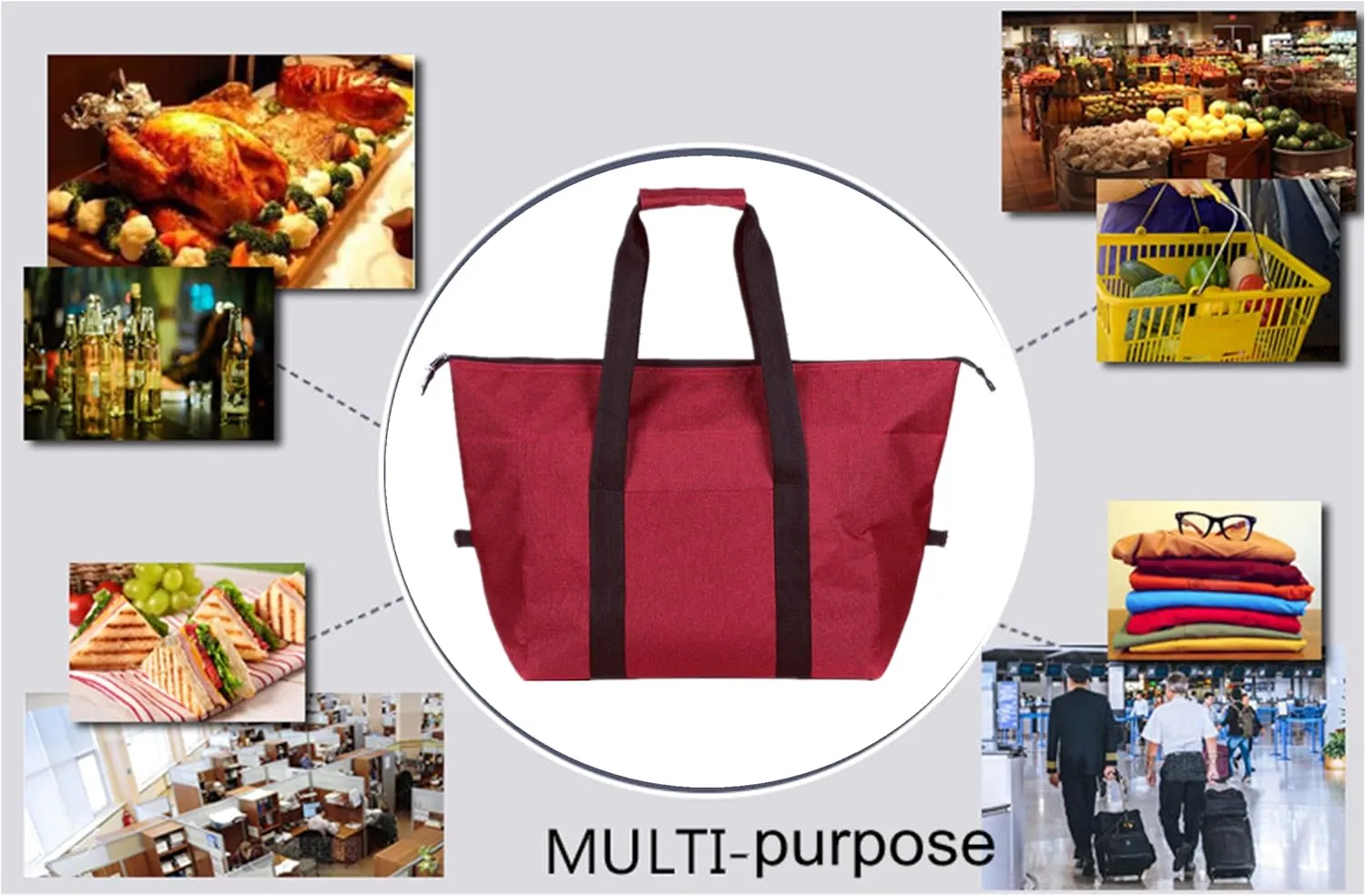 Insulated Grocery Thermal Tote Bags for Frozen Cold Hot Foods, Reusable Insulation Zippered Bag for Shopping, Travel, Picnic or Lunch, Red