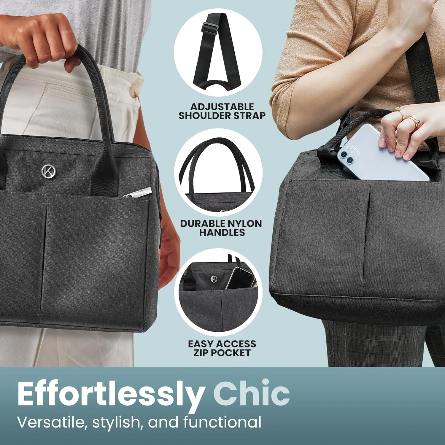 Insulated Lunch Bag for Women XL 348 fl oz – Charcoal, Leakproof & Odor Resistant Lunch Tote with 4-Layer Insulation for Christmas Travel, Holiday Meals & Gifting