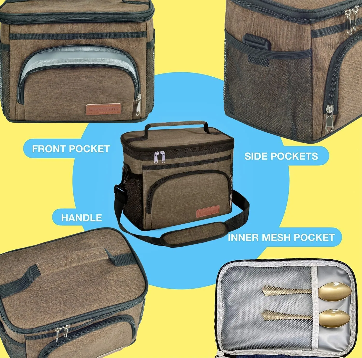 Insulated Lunch Bag for Women/Men - Reusable Lunch Box for Office Picnic Hiking Beach - Leakproof Cooler Tote Bag Organizer with Adjustable Shoulder Strap for Adults - Dark Yellow