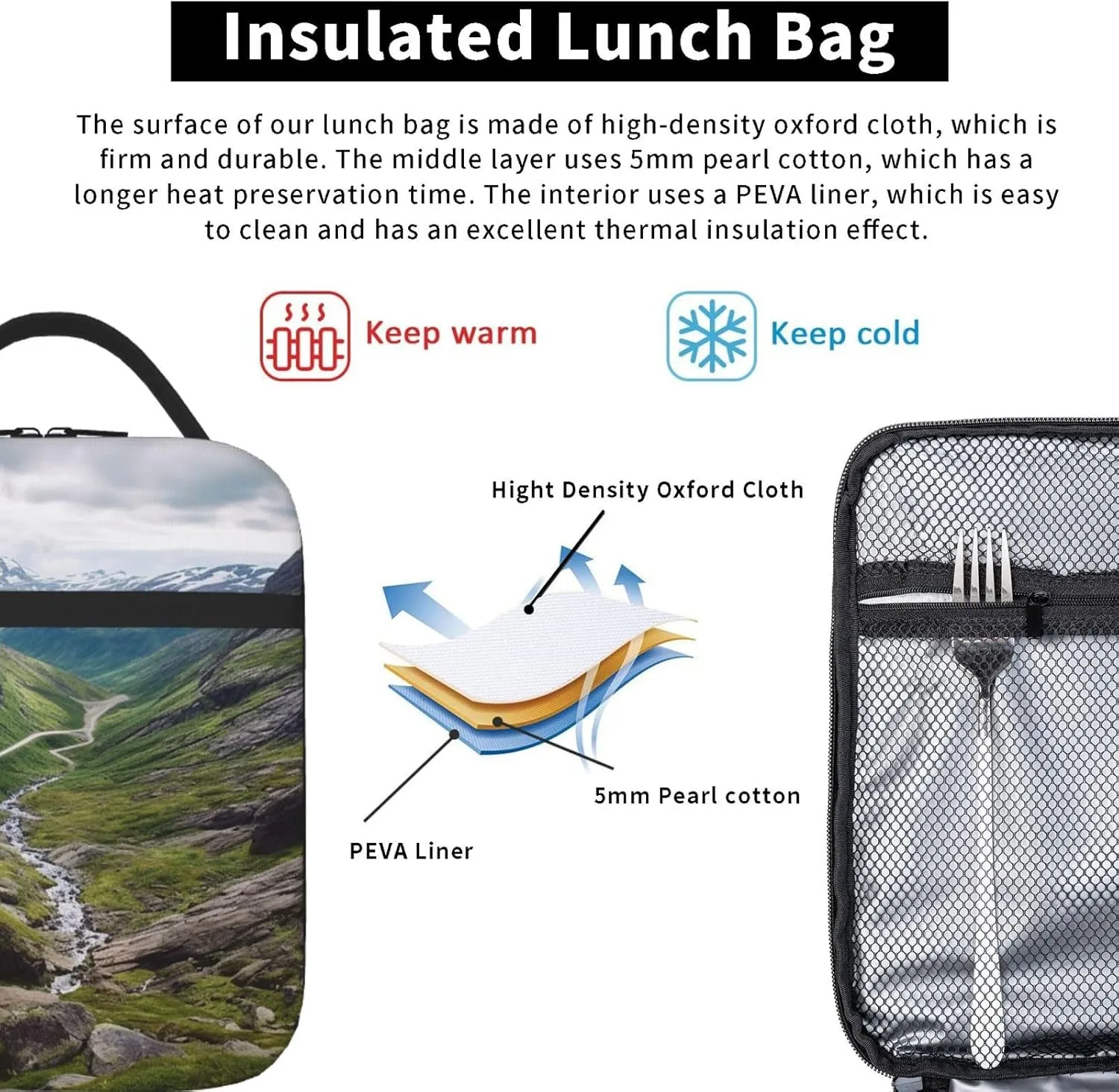 Insulated Lunch Bag Lunch box for Women Men Reusable Cooler Bag Norway terrain Lunch Tote Bag for Work