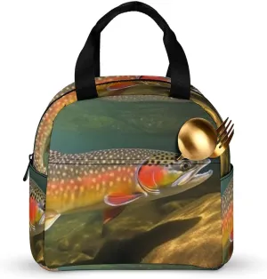 Insulated Lunch Bag Women Men Reusable Lunch Box Brook Trout Fly Fishing Lunch Tote Bags Leakproof Lunch Cooler Bag Portable Adult Lunch Container for Travel Picnic Office