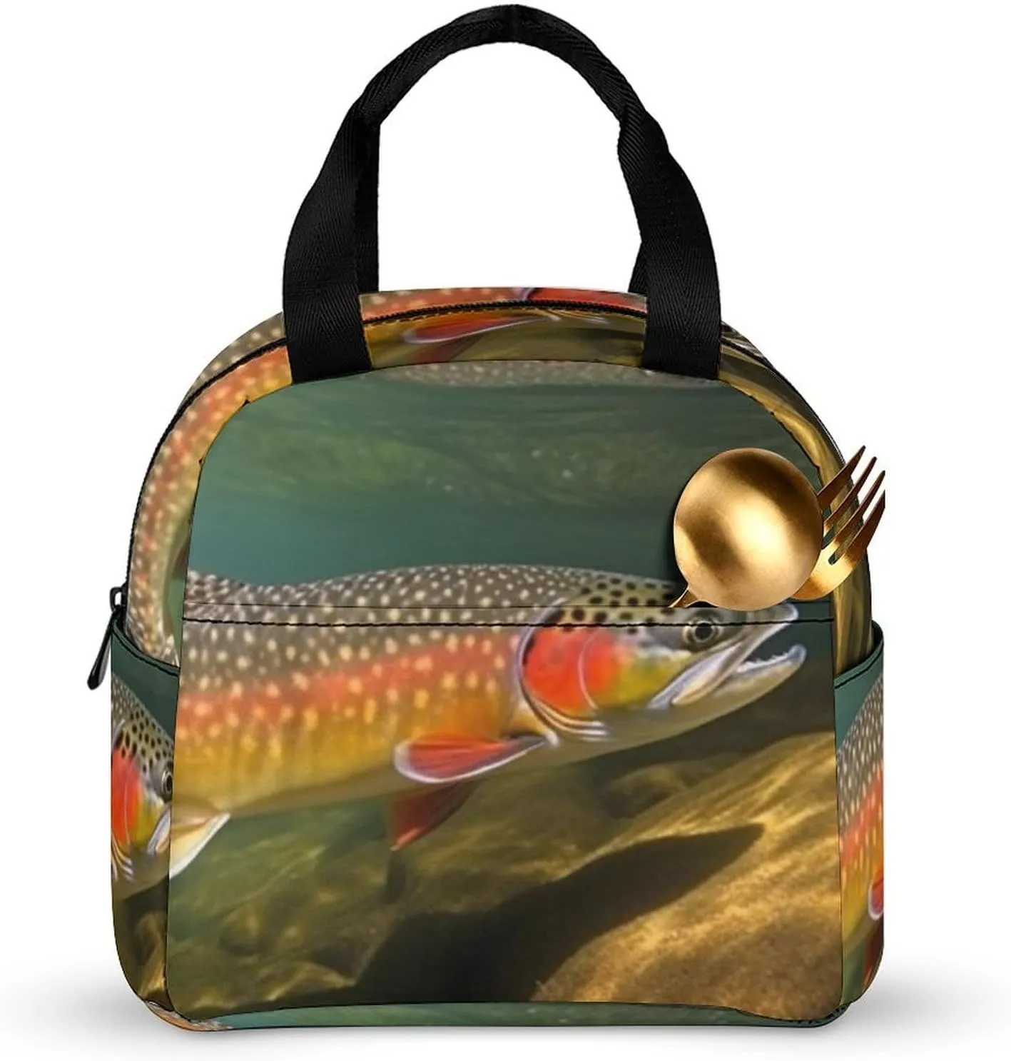 Insulated Lunch Bag Women Men Reusable Lunch Box Brook Trout Fly Fishing Lunch Tote Bags Leakproof Lunch Cooler Bag Portable Adult Lunch Container for Travel Picnic Office