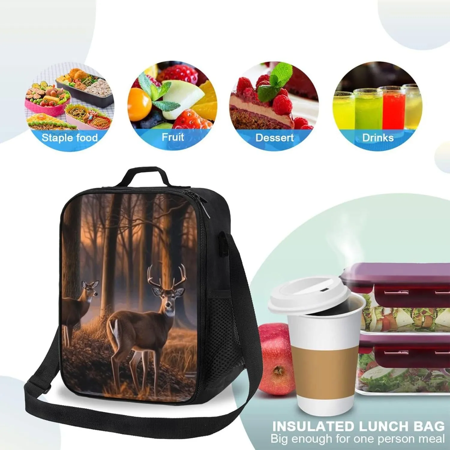 Insulated Lunch box for Men Women Reusable Lunch Bag Nature wild Animal Deers Cooler Tote Bags for Work Picnic