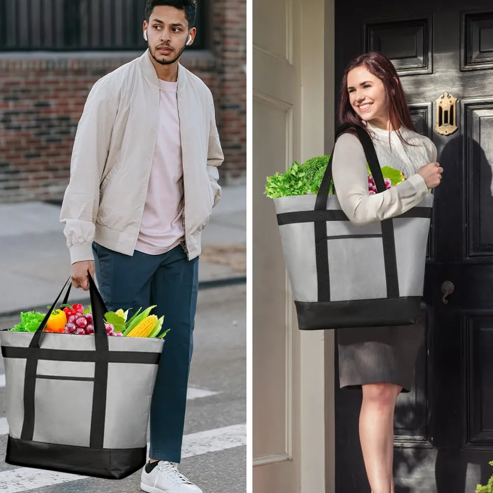 Insulated Reusable Tote Bag for Grocery Shopping for Women/Men, Pizza/Food Delivery Bag to Keep Food Cold/Hot for Uber Eats/Doordash/Grubub, Cooler bags for Travel/Beach/Picnic, Grey