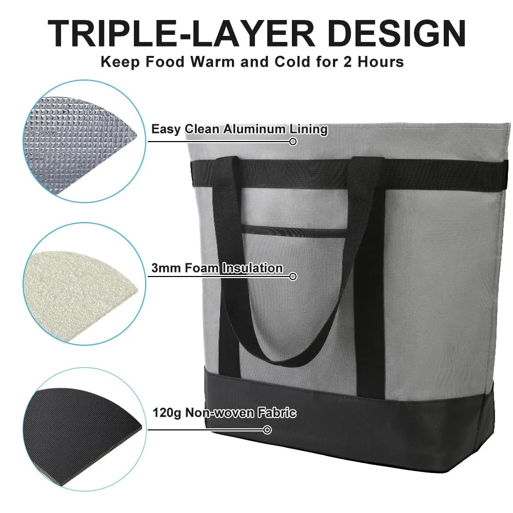 Insulated Reusable Tote Bag for Grocery Shopping for Women/Men, Pizza/Food Delivery Bag to Keep Food Cold/Hot for Uber Eats/Doordash/Grubub, Cooler bags for Travel/Beach/Picnic, Grey