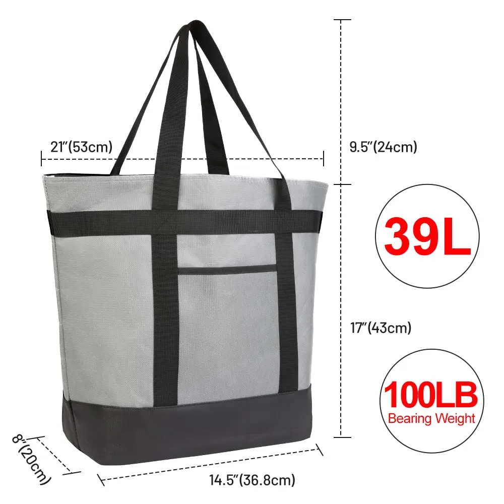 Insulated Reusable Tote Bag for Grocery Shopping for Women/Men, Pizza/Food Delivery Bag to Keep Food Cold/Hot for Uber Eats/Doordash/Grubub, Cooler bags for Travel/Beach/Picnic, Grey