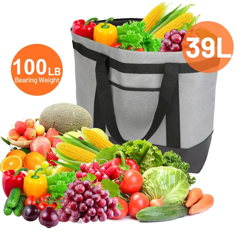 Insulated Reusable Tote Bag for Grocery Shopping for Women/Men, Pizza/Food Delivery Bag to Keep Food Cold/Hot for Uber Eats/Doordash/Grubub, Cooler bags for Travel/Beach/Picnic, Grey