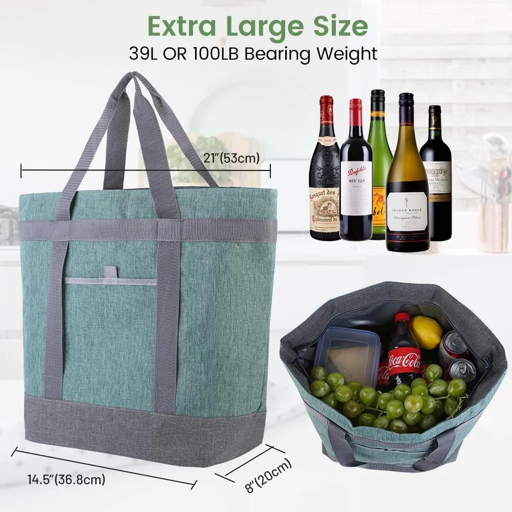 Insulated Reusable Tote Bag for Grocery Shopping for Women/Men, Waterproof Cooler Bags for Travel/Beach/Picnic, Pizza/Food Delivery Bag to Keep Food Cold/Hot for Doordash (Oxford Cloth, Green)