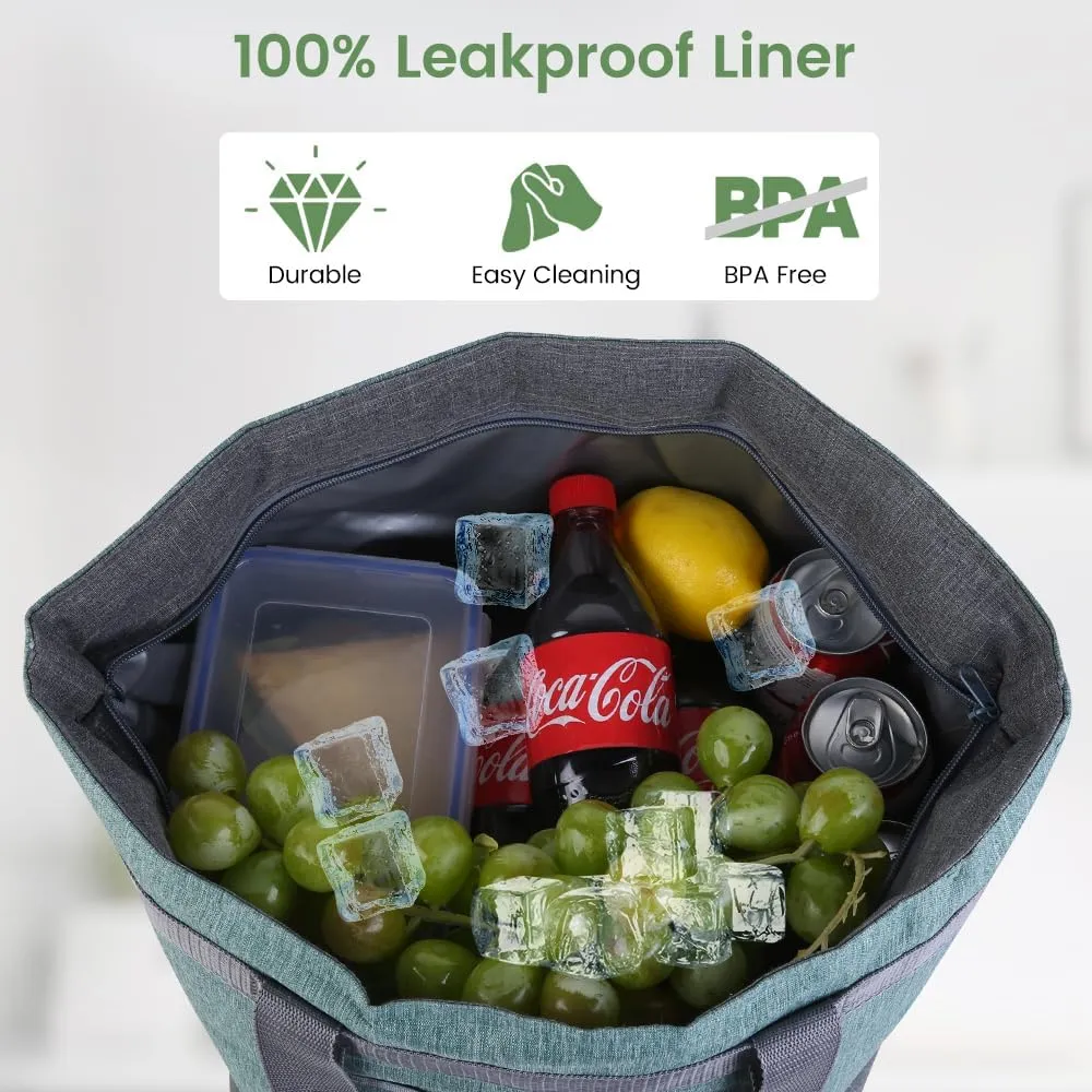 Insulated Reusable Tote Bag for Grocery Shopping for Women/Men, Waterproof Cooler Bags for Travel/Beach/Picnic, Pizza/Food Delivery Bag to Keep Food Cold/Hot for Doordash (Oxford Cloth, Green)