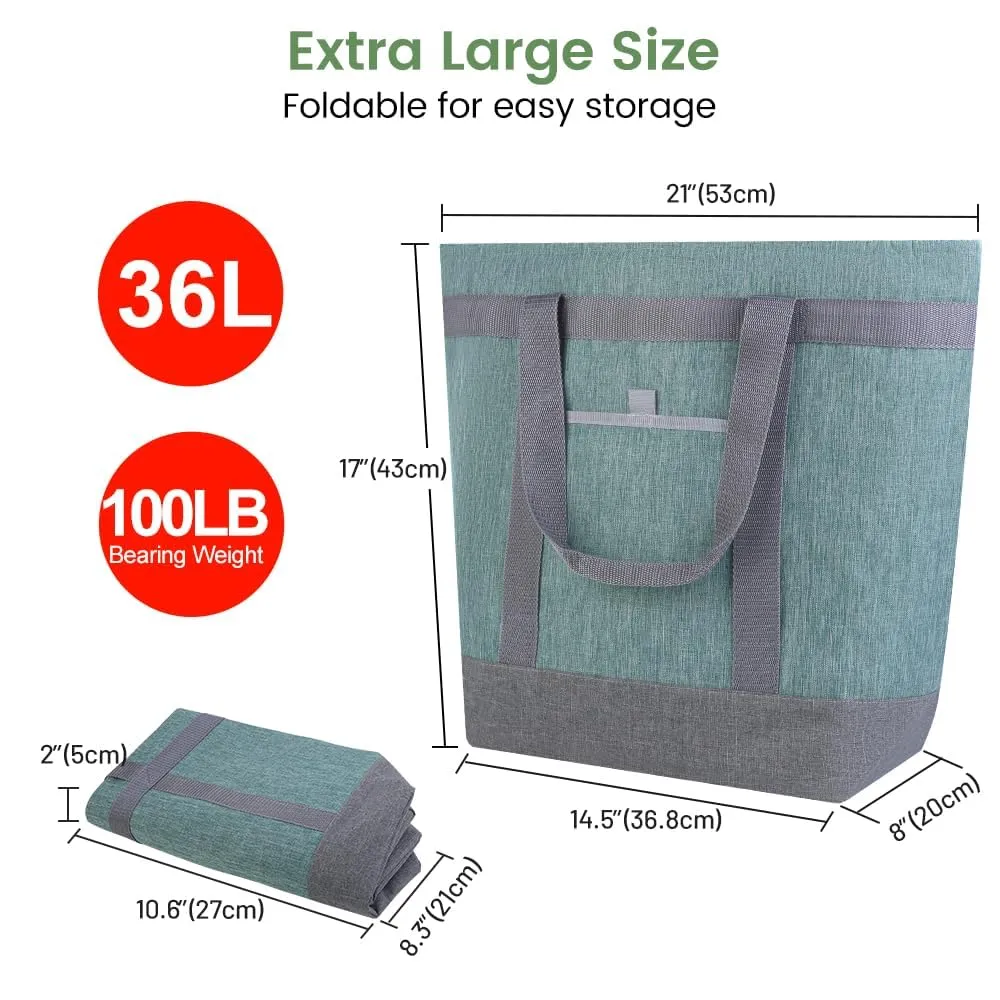 Insulated Reusable Tote Bag for Grocery Shopping for Women/Men, Waterproof Cooler Bags for Travel/Beach/Picnic, Pizza/Food Delivery Bag to Keep Food Cold/Hot for Doordash (Oxford Cloth, Green)