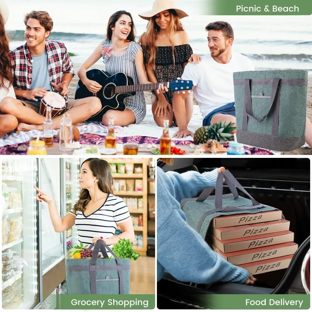 Insulated Reusable Tote Bag for Grocery Shopping for Women/Men, Waterproof Cooler Bags for Travel/Beach/Picnic, Pizza/Food Delivery Bag to Keep Food Cold/Hot for Doordash (Oxford Cloth, Green)