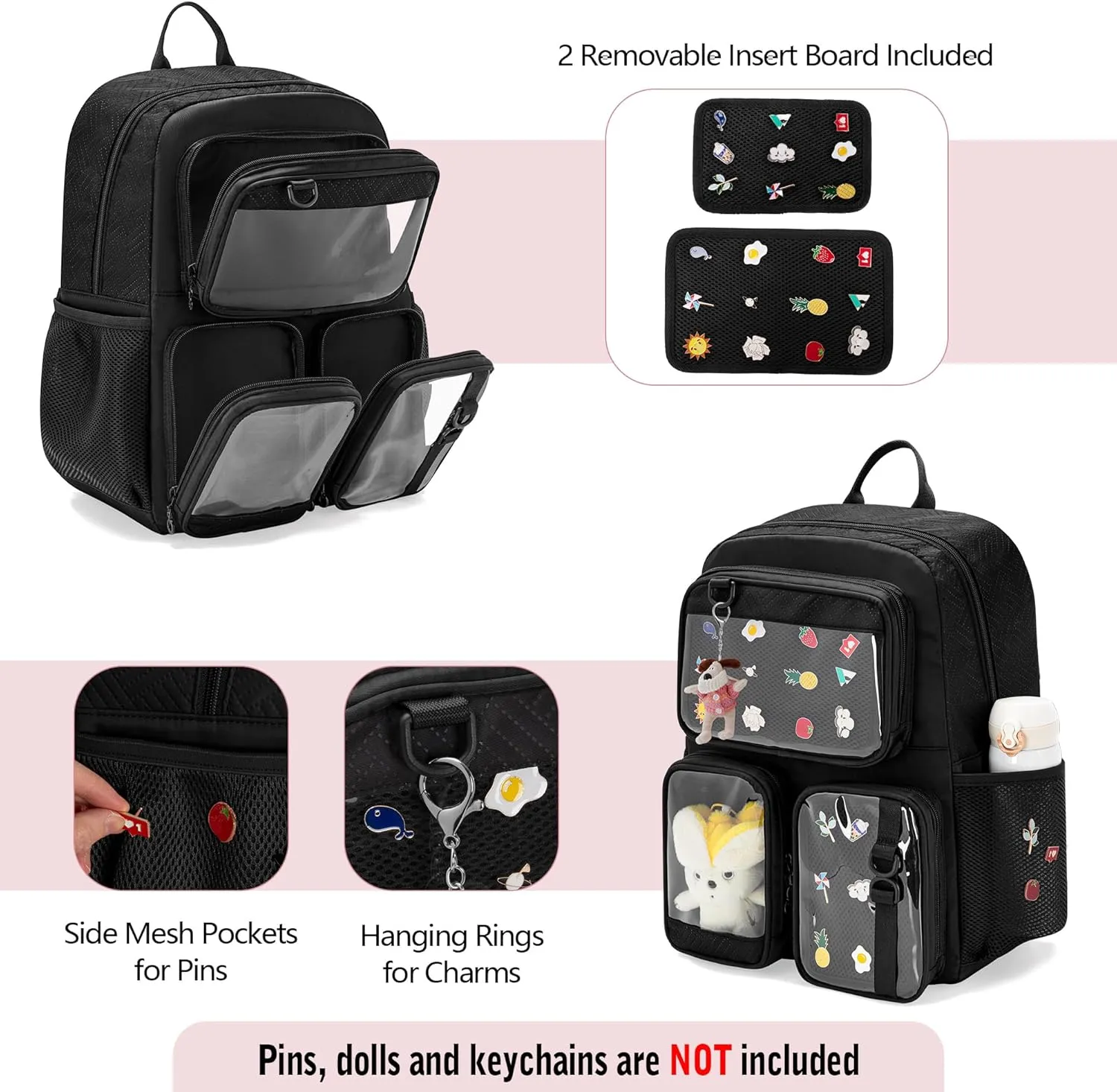 Ita Bag Pin Display Backpack with Insert, Kawaii Aesthetic Backpack with Laptop Sleeve for Cosplay and Concert, Black (Pins NOT Included, Patent Design)