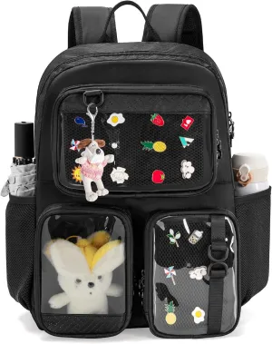Ita Bag Pin Display Backpack with Insert, Kawaii Aesthetic Backpack with Laptop Sleeve for Cosplay and Concert, Black (Pins NOT Included, Patent Design)