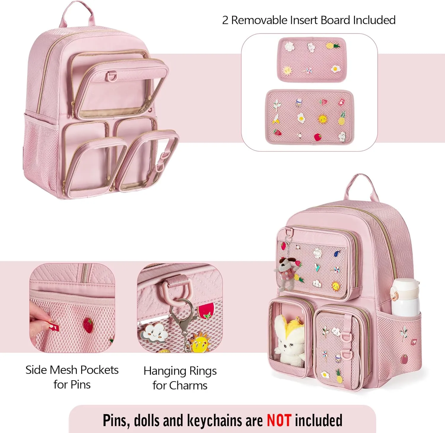 Ita Bag Pin Display Backpack with Insert, Kawaii Aesthetic Backpack with Laptop Sleeve for Cosplay and Concert, Pink (Pins NOT Included, Patent Design)