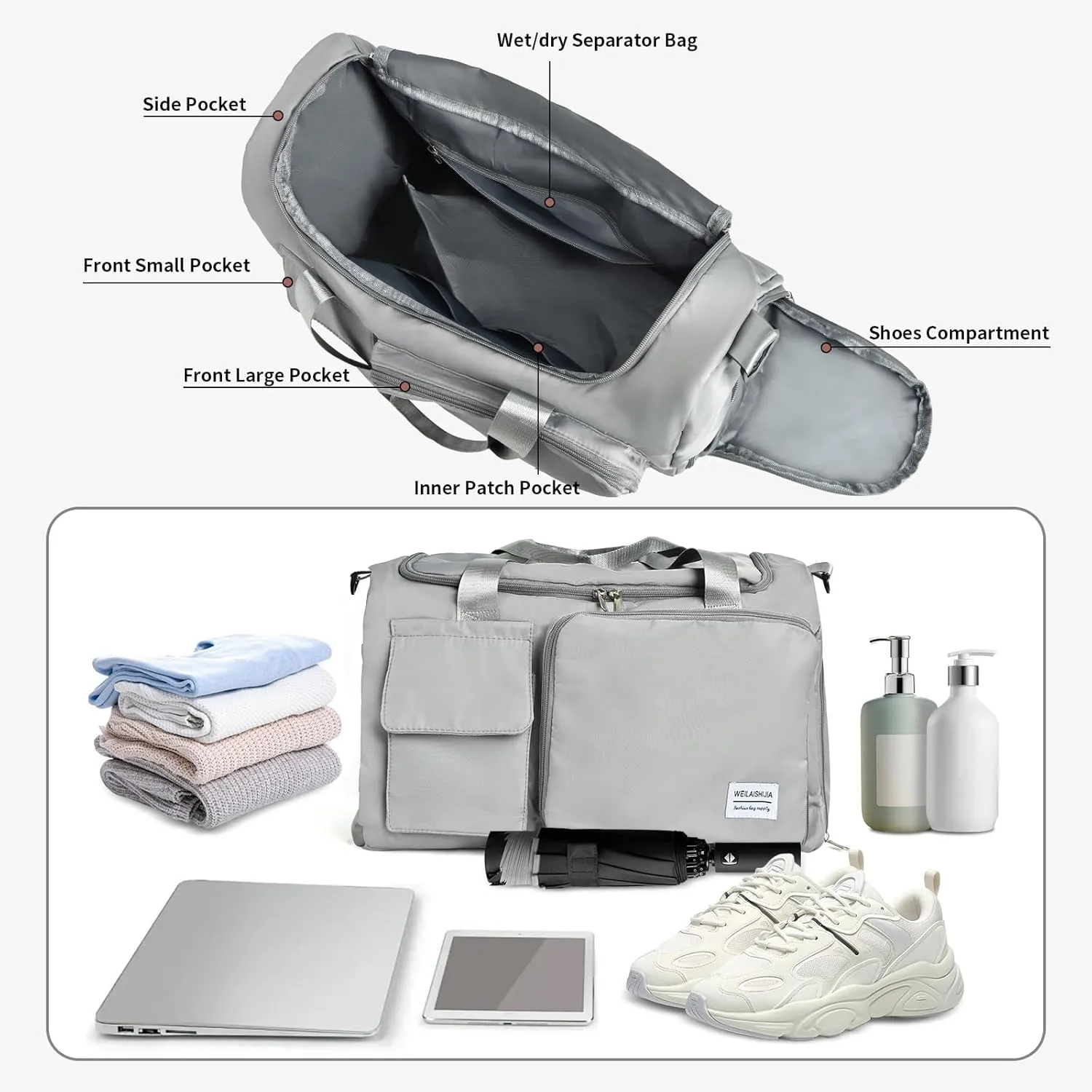 IwIeIaIrI Fitness Workout Gym Duffle Bag for Women with Shoes Compartment Waterproof Tote Bag and Weekend Bag for Girls Travel Duffle Bag with Dry and Wet Separation for Sports Activity Yoga Camping