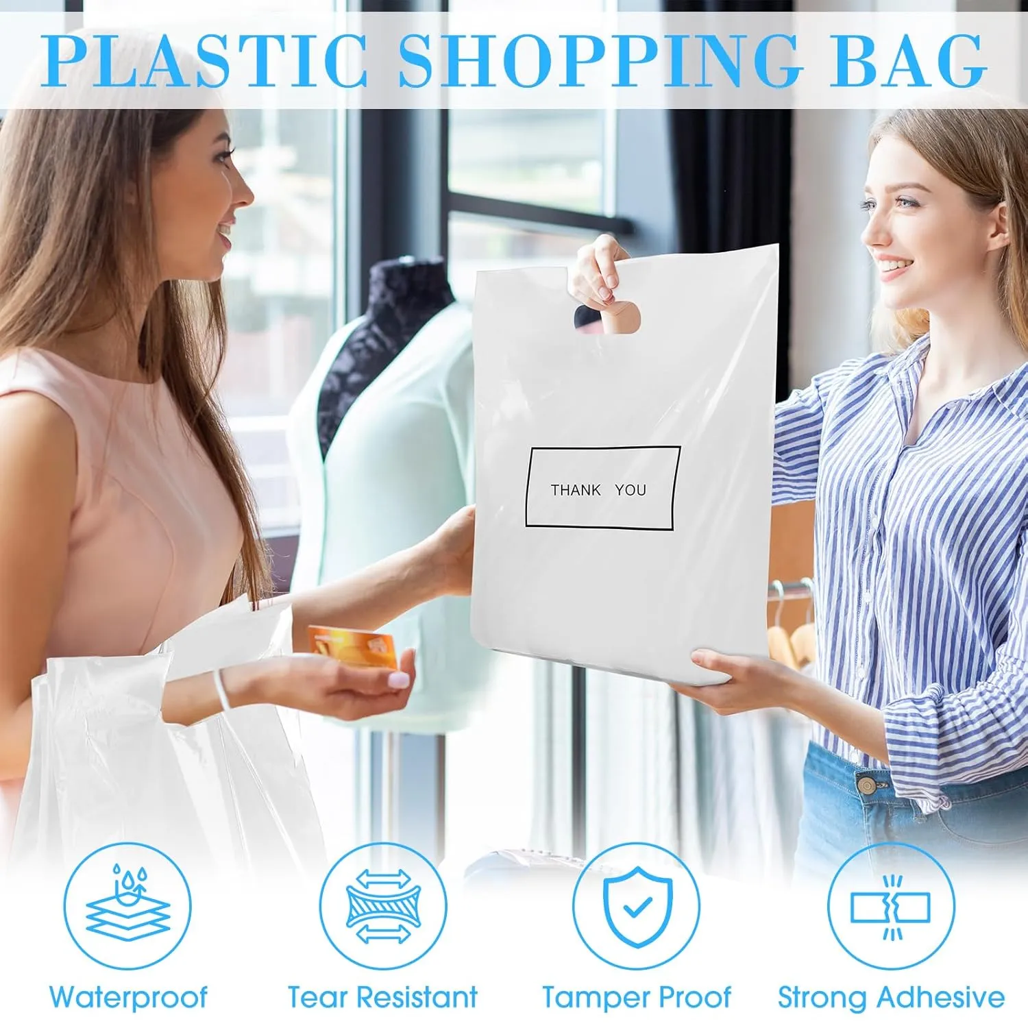 Janlaugh 150 Pcs Large Thank You Bags with Handle Bulk 16 x 18 Inch Thick Plastic Shopping Merchandise Boutique Retail Gift Goodie Bags 2.36 Mil(White)