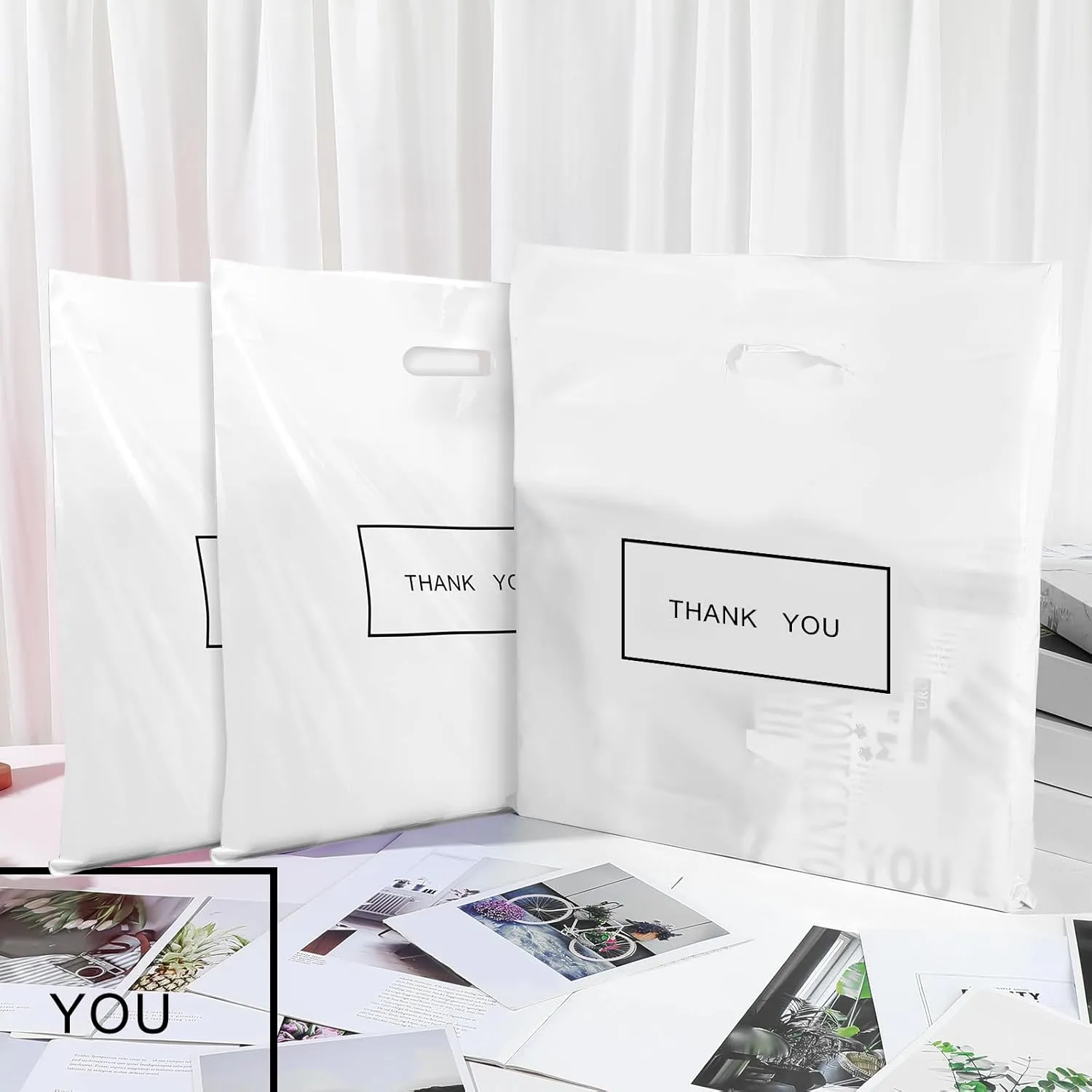 Janlaugh 150 Pcs Large Thank You Bags with Handle Bulk 16 x 18 Inch Thick Plastic Shopping Merchandise Boutique Retail Gift Goodie Bags 2.36 Mil(White)