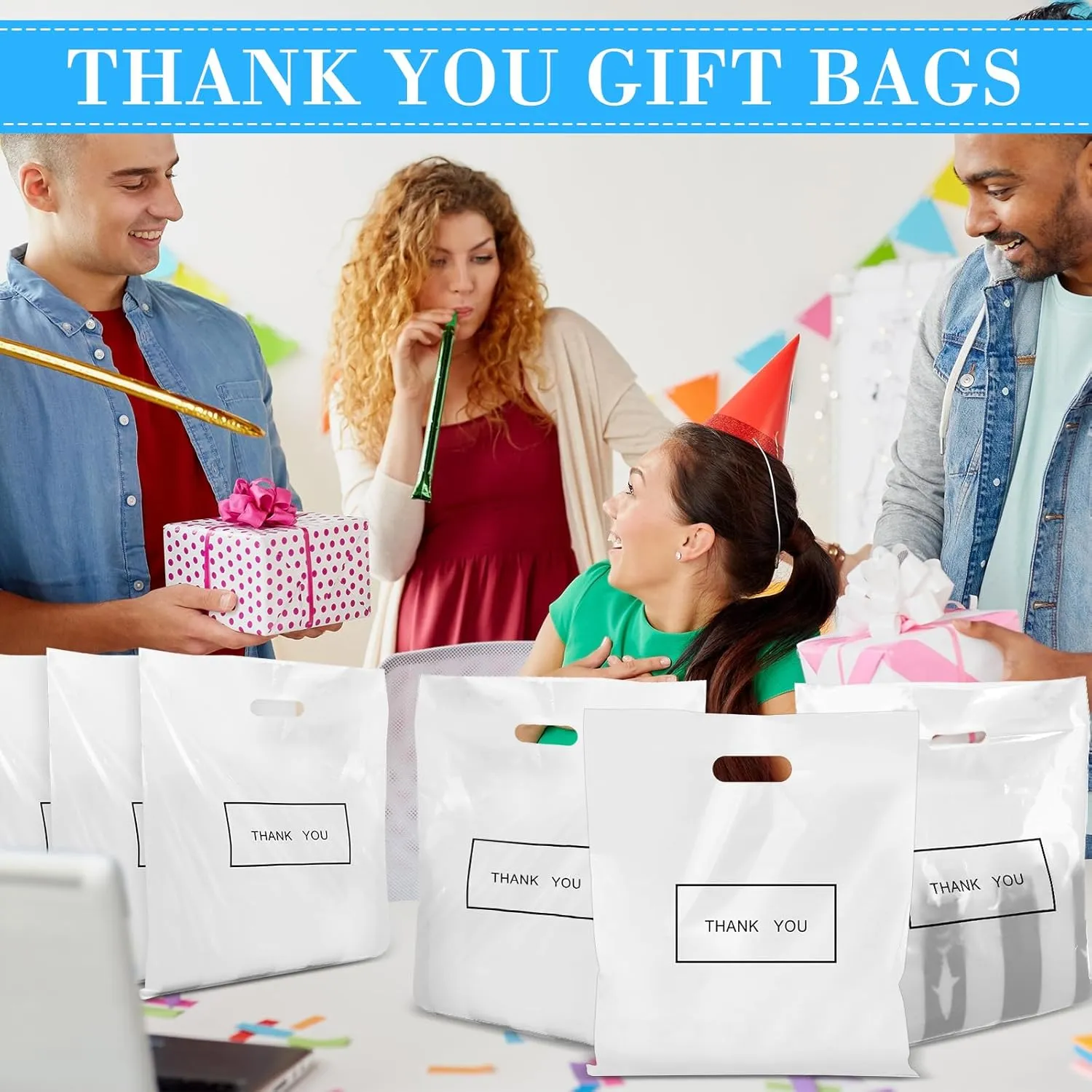 Janlaugh 150 Pcs Large Thank You Bags with Handle Bulk 16 x 18 Inch Thick Plastic Shopping Merchandise Boutique Retail Gift Goodie Bags 2.36 Mil(White)