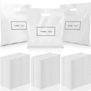 Janlaugh 150 Pcs Large Thank You Bags with Handle Bulk 16 x 18 Inch Thick Plastic Shopping Merchandise Boutique Retail Gift Goodie Bags 2.36 Mil(White)