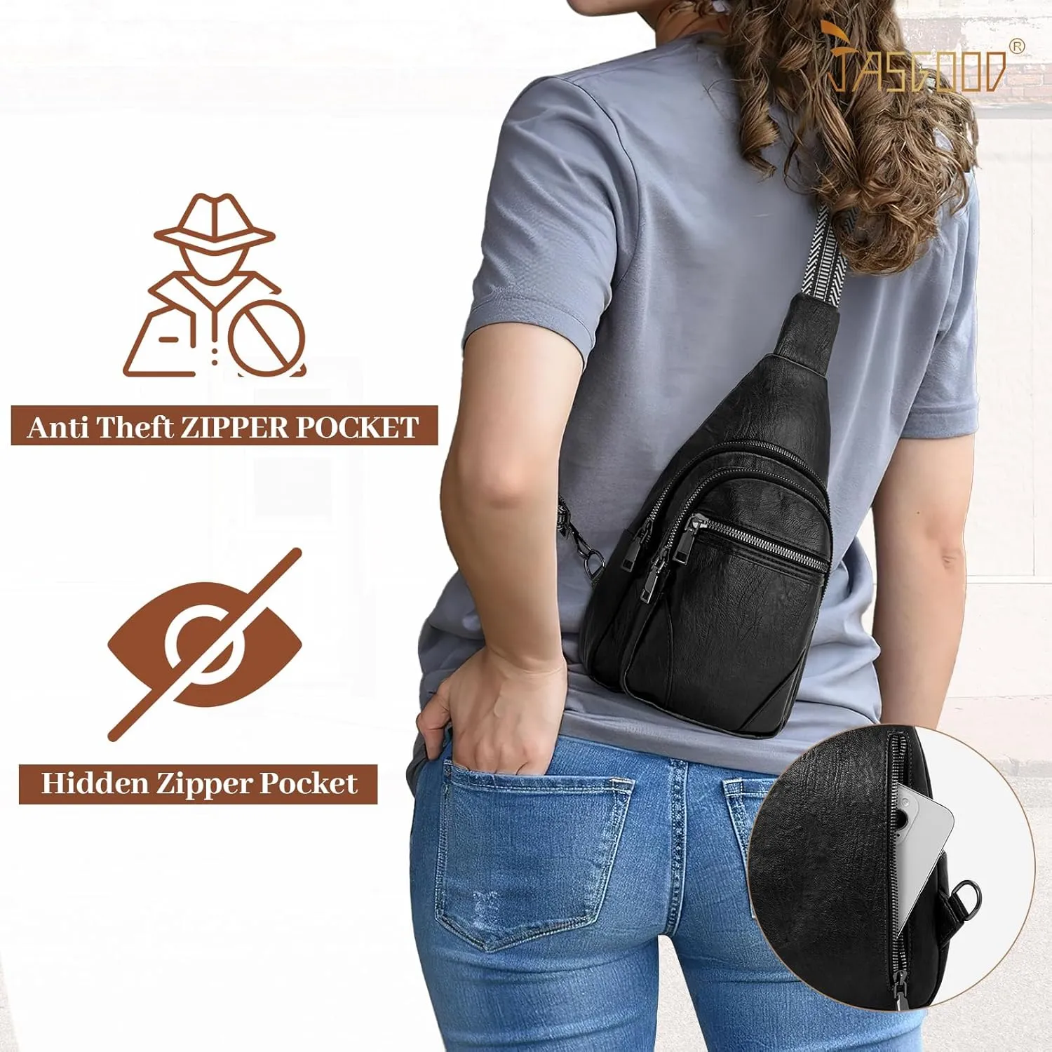 JASGOOD Anti Theft Small Sling Bag for Women Leather Fanny Packs Crossbody Bags Trendy Anti-Theft Sling Purse for Travel