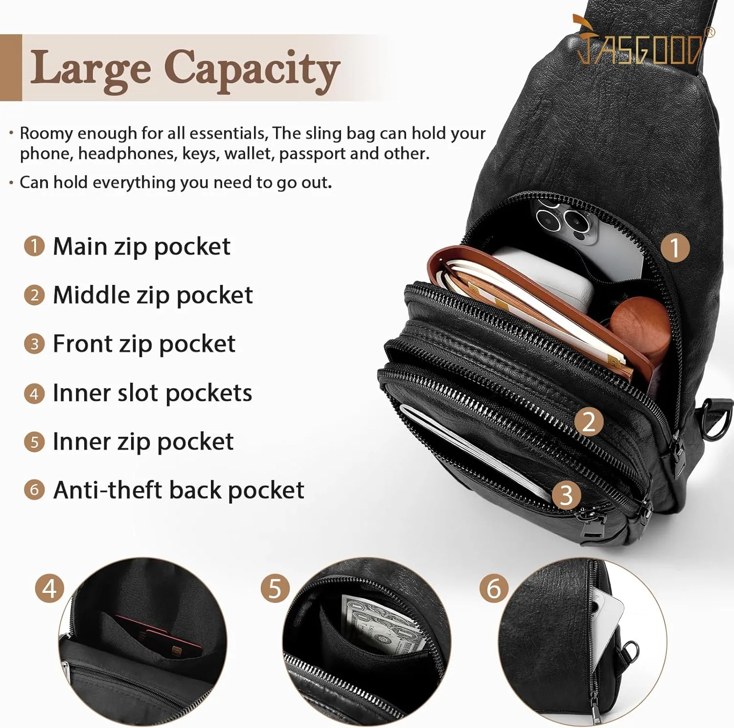 JASGOOD Anti Theft Small Sling Bag for Women Leather Fanny Packs Crossbody Bags Trendy Anti-Theft Sling Purse for Travel