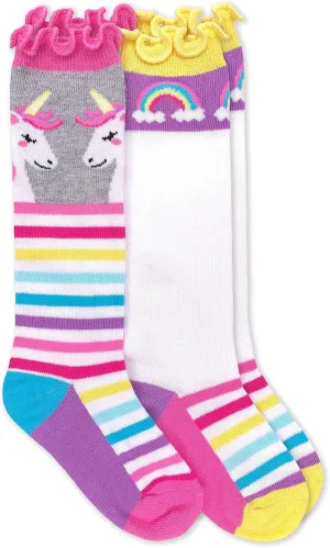 Jefferies Socks Girls' Unicorn Rainbow Stripe Ruffle Knee High Socks 2 Pack