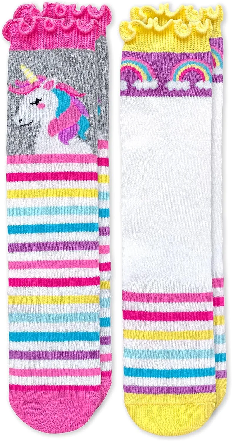 Jefferies Socks Girls' Unicorn Rainbow Stripe Ruffle Knee High Socks 2 Pack